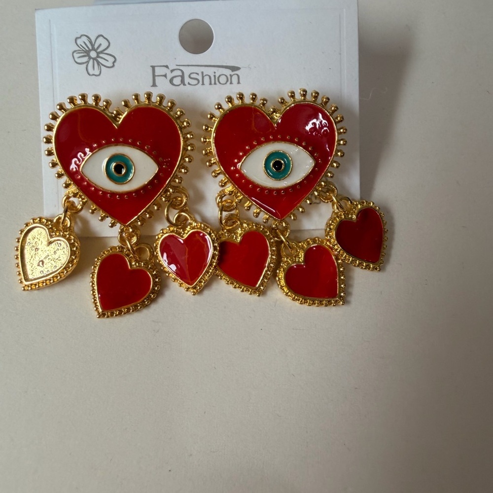 Baroque Eye Heart Earrings Red Gold Pearl Statement (One Enamel Heart Missing)